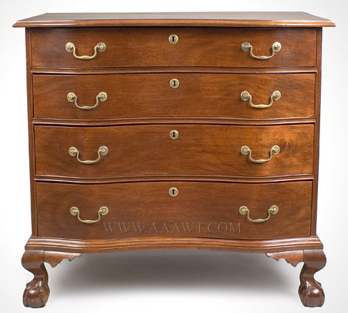 Chippendale Chest of Drawers, Reverse Serpentine, Ball & Claw Feet
Probably North Shore, Massachusetts
1760 to 1780
Birch and eastern white pine, mahoganized surface, entire view 2